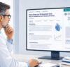 Ein Arzt liest an einem Computer eine medizinische Fachinformation; daneben ist ein Chatbot geöffnet.