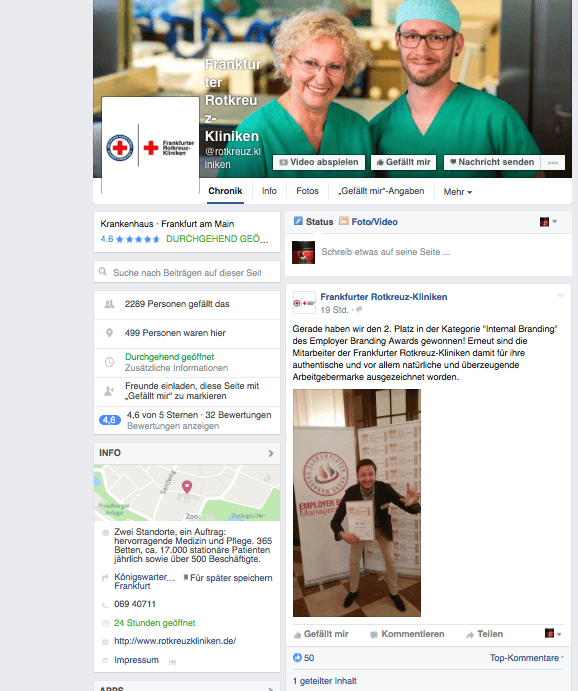 Beispiel für eine regelmäßige Posting Frequenz auch bei nicht aktueller Personalsuche: die Facebook-Seite der Frankfurter Rotkreuz-Kliniken.