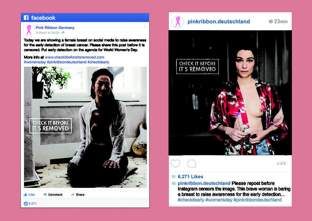 Posts auf Facebook und Instagram mit entblößter Brust © Pink Ribbon