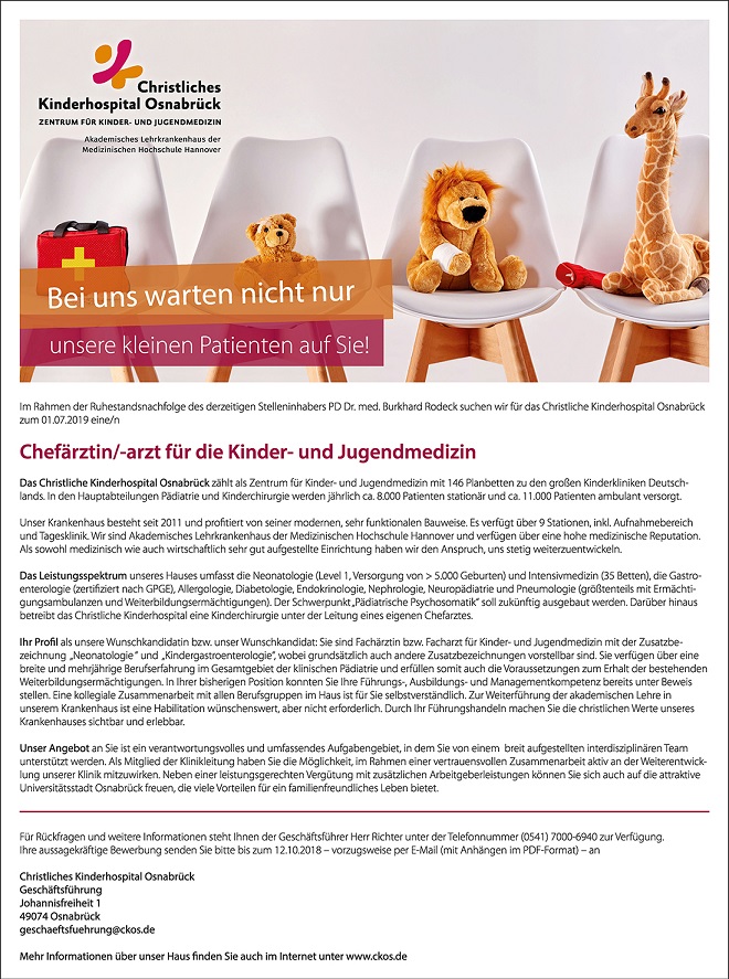 „Bei uns warten nicht nur unsere kleinen Patienten auf Sie!“, von: Christliches Kinderhospital Osnabrück / Agentur: Schult-Media